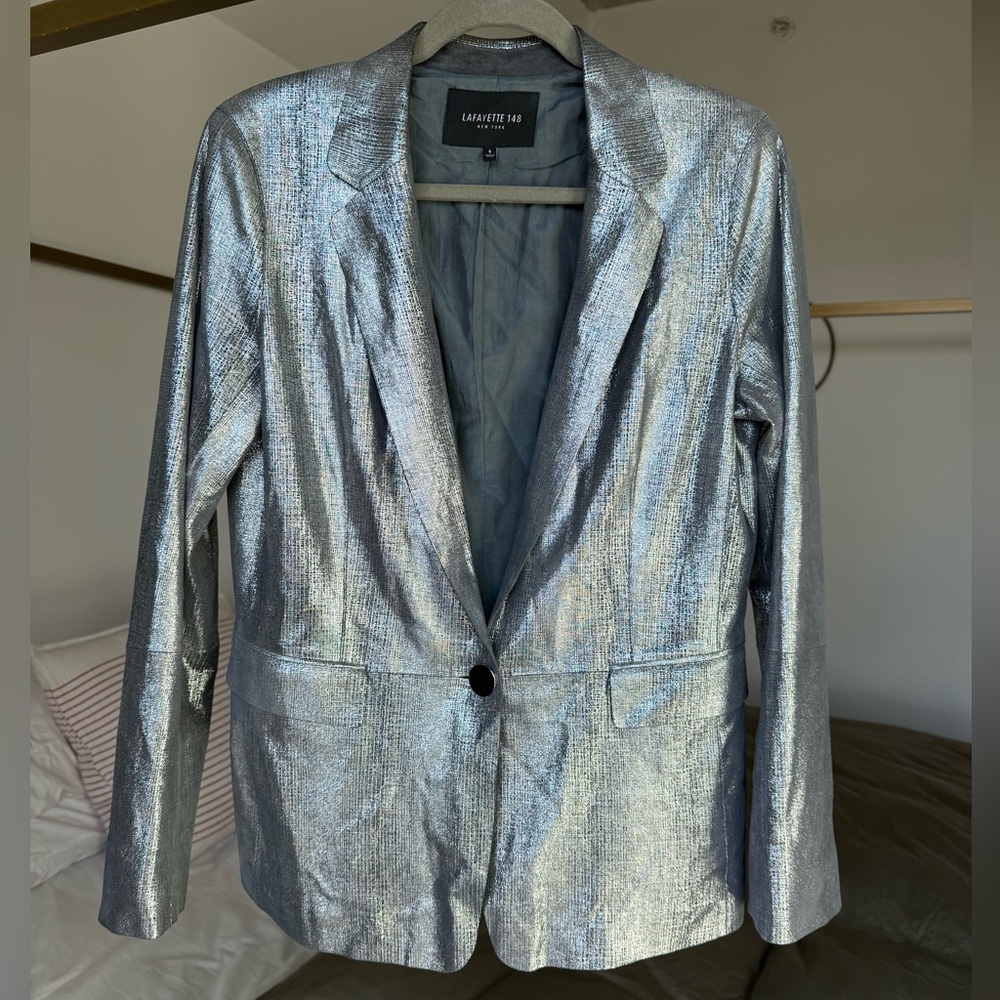 Lafayette 148 Silver Leather Blazer Metallic Size 6 Light Suede Jacket